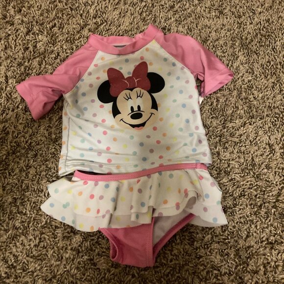 Disney Baby Minnie Mouse Swimsuit 3-6 Months Two Piece Pink White Polka Dots - Picture 1 of 3